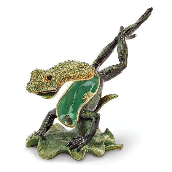 Pewter Bejeweled Crystals CLEM HOPPER Diving Frog Trinket Box with Pendant - Picture 2 of 4